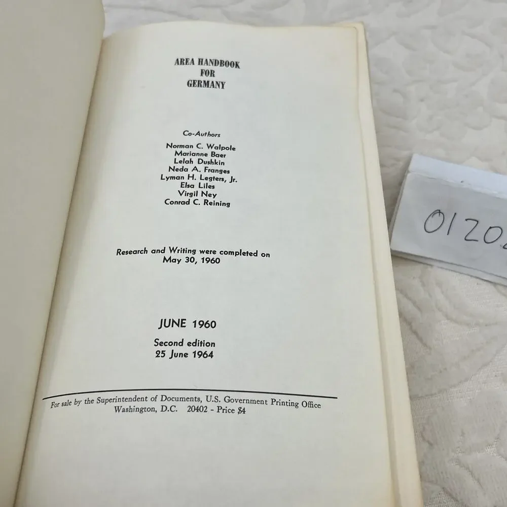 Military handbook, Rare DA Pam #550-29, Area Handbook for Germany June 1960